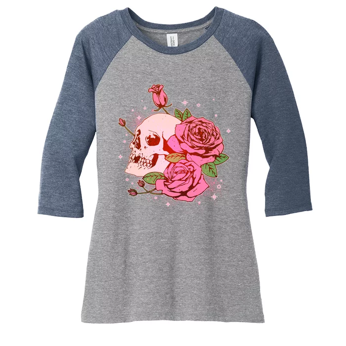 Pink Roses Skull Tattoo Women's Tri-Blend 3/4-Sleeve Raglan Shirt