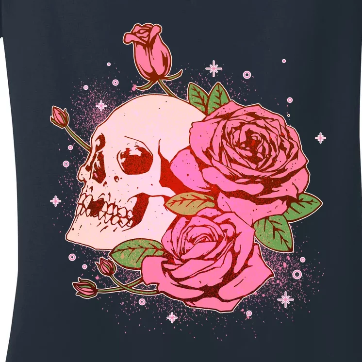 Pink Roses Skull Tattoo Women's V-Neck T-Shirt