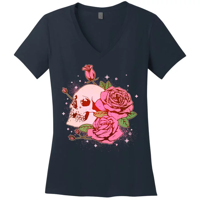 Pink Roses Skull Tattoo Women's V-Neck T-Shirt