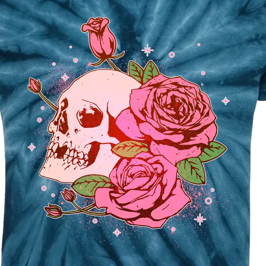 Pink Roses Skull Tattoo Kids Tie-Dye T-Shirt