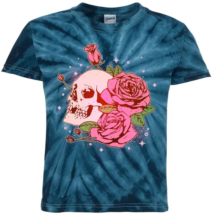 Pink Roses Skull Tattoo Kids Tie-Dye T-Shirt