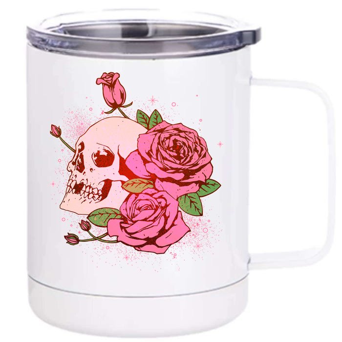 Pink Roses Skull Tattoo Front & Back 12oz Stainless Steel Tumbler Cup