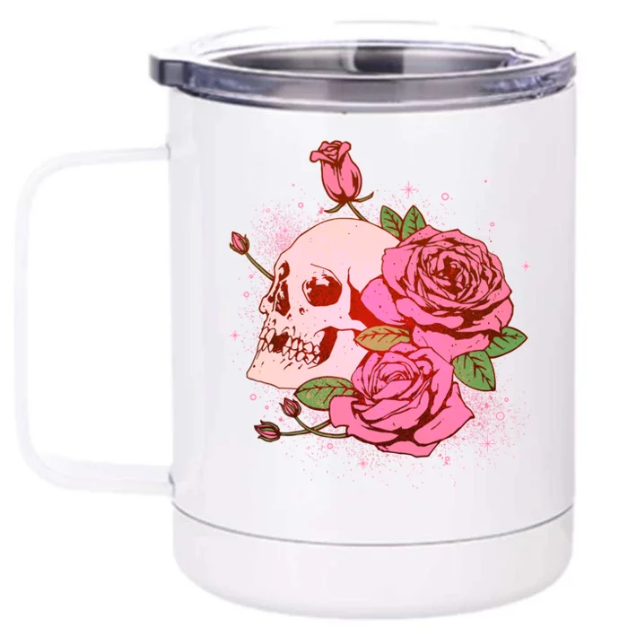 Pink Roses Skull Tattoo Front & Back 12oz Stainless Steel Tumbler Cup