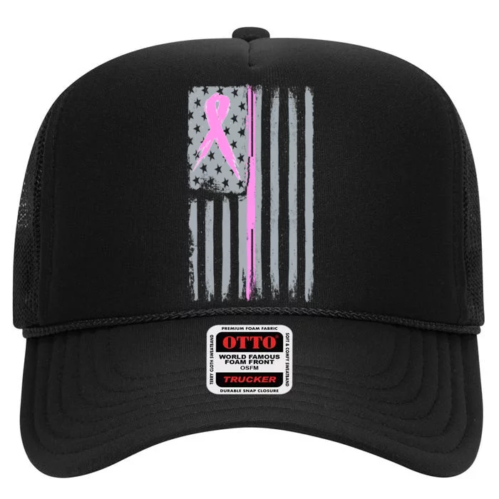 Pink Thin Line Breast Cancer Flag High Crown Mesh Trucker Hat