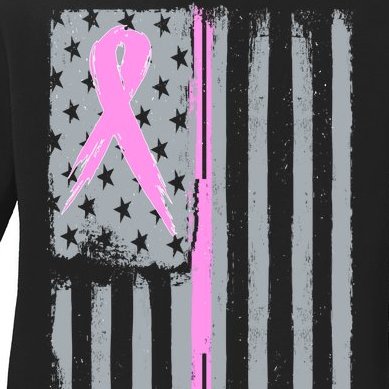 Pink Thin Line Breast Cancer Flag Ladies Missy Fit Long Sleeve Shirt