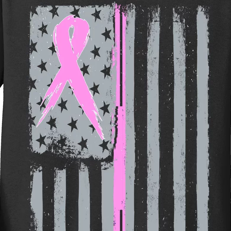 Pink Thin Line Breast Cancer Flag Kids Long Sleeve Shirt