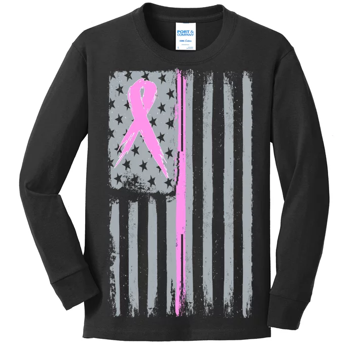 Pink Thin Line Breast Cancer Flag Kids Long Sleeve Shirt