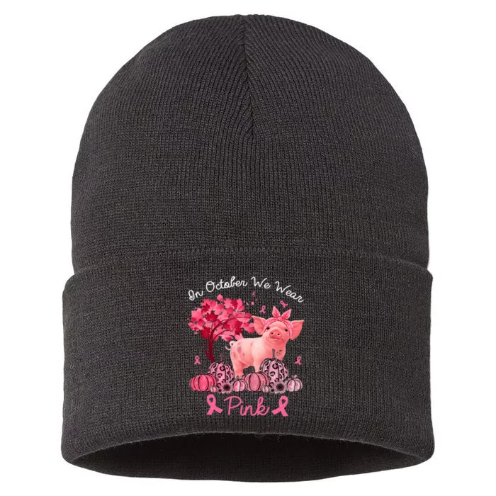 Pig In October We Wear Pink Pumpkin Breast Cancer Sustainable Knit Beanie