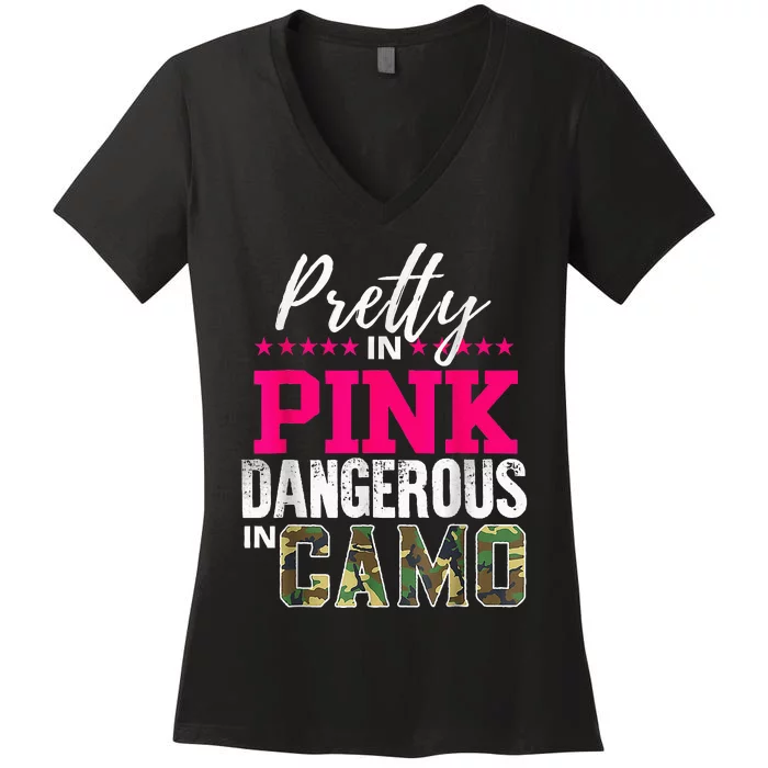 Pretty In Pinks D.Angerous In Camo Hunting Women's V-Neck T-Shirt