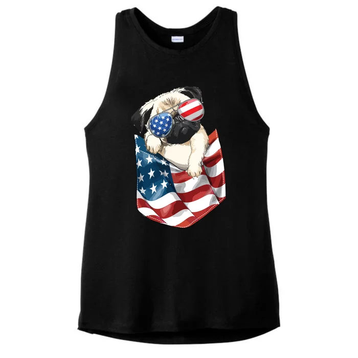 Pug In Pocket Dog 4th July Shirts Men Women Kids USA Flag Ladies Tri-Blend Wicking Tank