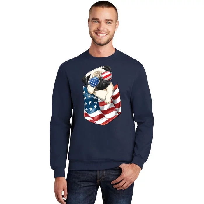 Pug In Pocket Dog 4th July Shirts Men Women Kids USA Flag Tall Sweatshirt