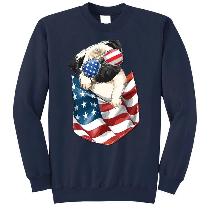 Pug In Pocket Dog 4th July Shirts Men Women Kids USA Flag Tall Sweatshirt