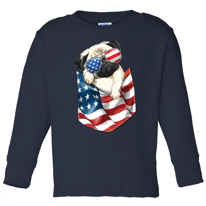 Pug In Pocket Dog 4th July Shirts Men Women Kids USA Flag Toddler Long Sleeve Shirt