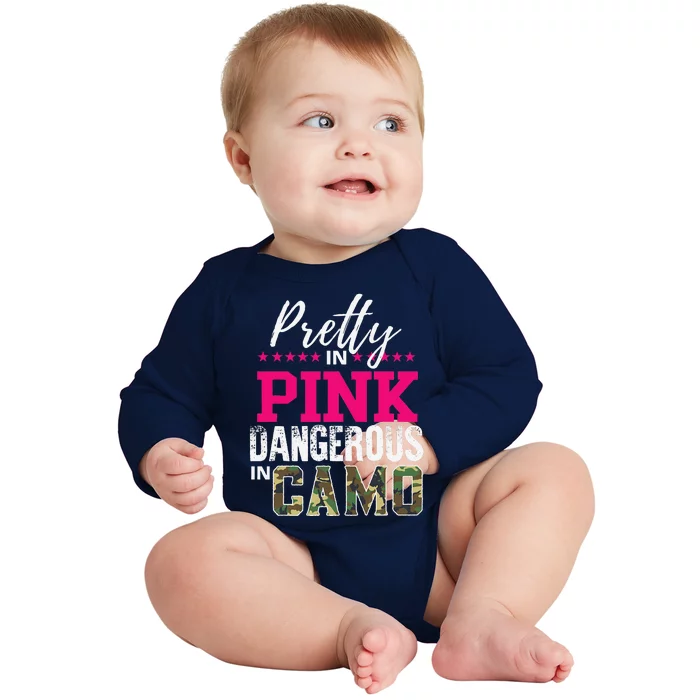 Pretty In Pink Dangerous In Camo Hunting Girl Baby Long Sleeve Bodysuit