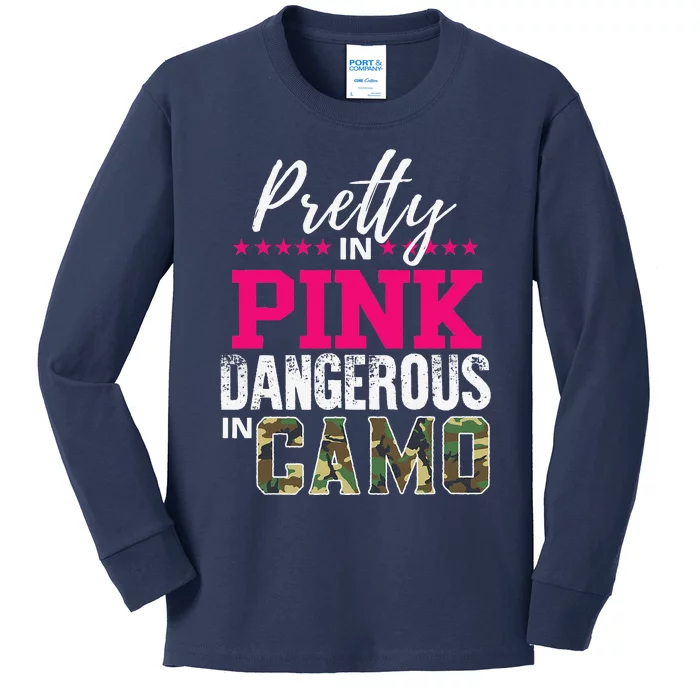 Pretty In Pink Dangerous In Camo Hunting Girl Kids Long Sleeve Shirt