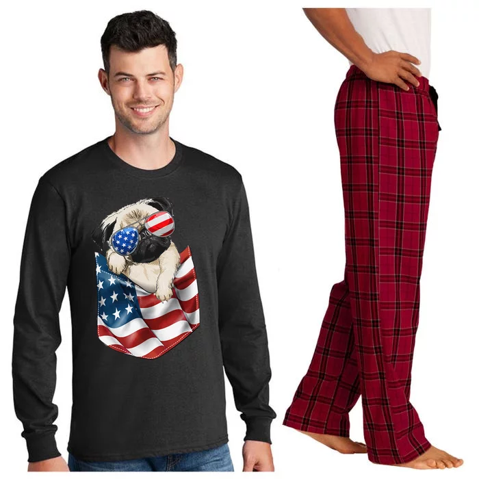 Pug In Pocket Dog 4th July USA Flag Long Sleeve Pajama Set