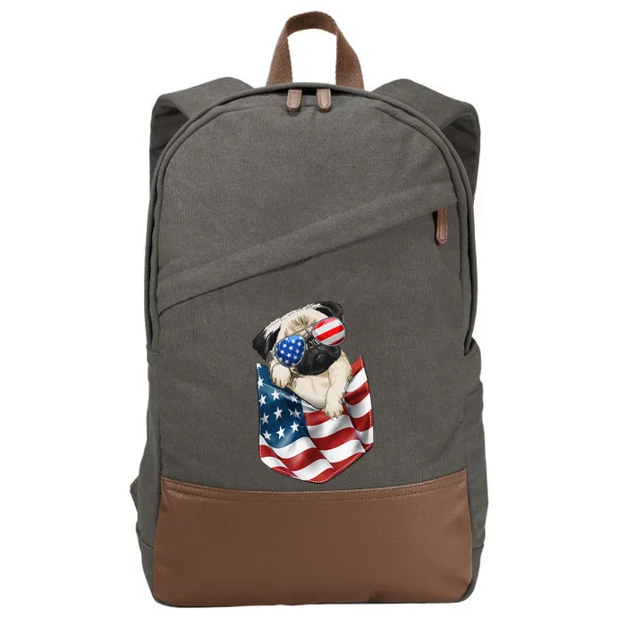 Pug In Pocket Dog 4th July USA Flag Cotton Canvas Backpack