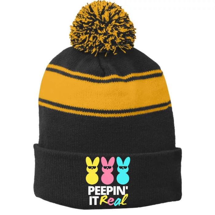 Peepin it Real Easter Day Bunny Stripe Pom Pom Beanie