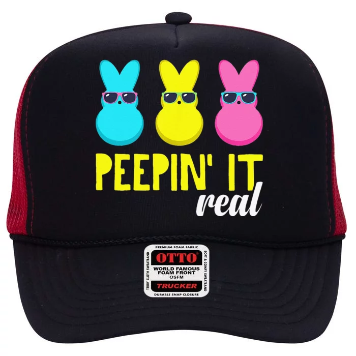 Peepin It Real Happy Easter Bunny Egg Hunt Funny High Crown Mesh Trucker Hat