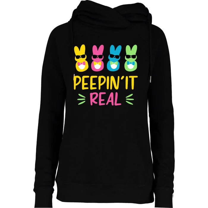 Peepin It Real Happy Easter Bunny Egg Hunt Funny Womens Funnel Neck Pullover Hood