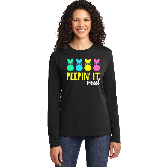 Peepin It Real  Happy Easter Bunny Egg Hunt Funny Ladies Long Sleeve Shirt