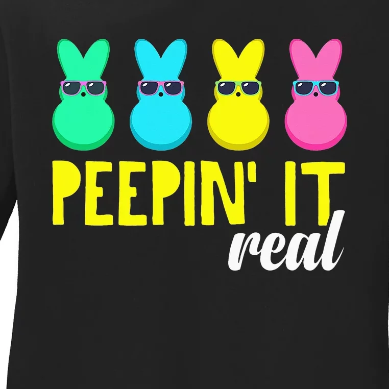 Peepin It Real  Happy Easter Bunny Egg Hunt Funny Ladies Long Sleeve Shirt