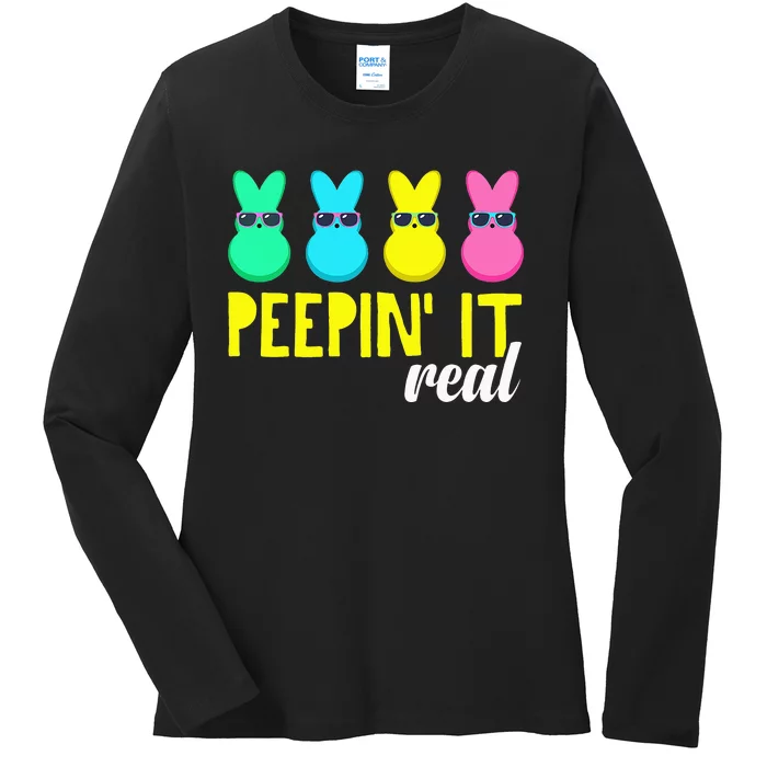 Peepin It Real  Happy Easter Bunny Egg Hunt Funny Ladies Long Sleeve Shirt