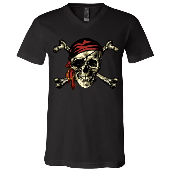 Pirate Skull Crossbones V-Neck T-Shirt