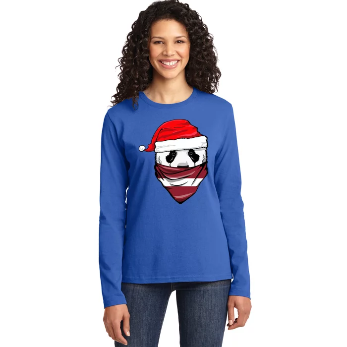 Panda In Santa's Hat And Latvia Flag Bandana Christmas Gift Ladies Long Sleeve Shirt