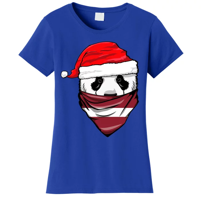 Panda In Santa's Hat And Latvia Flag Bandana Christmas Gift Women's T-Shirt