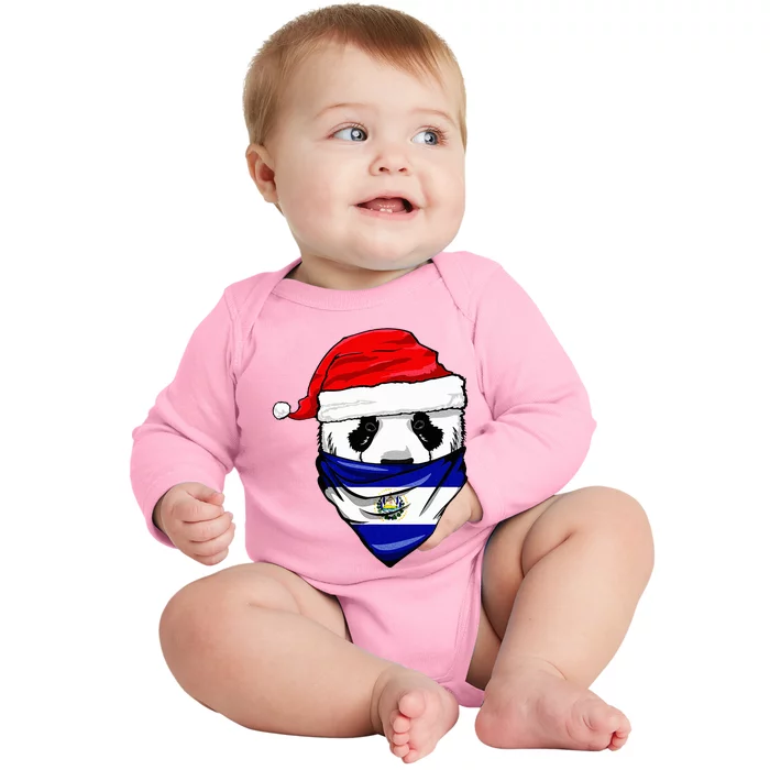 Panda in Santa's Hat and El Salvador Flag Bandana Christmas Baby Long Sleeve Bodysuit