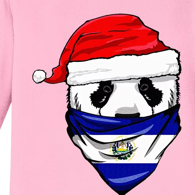 Panda in Santa's Hat and El Salvador Flag Bandana Christmas Baby Long Sleeve Bodysuit