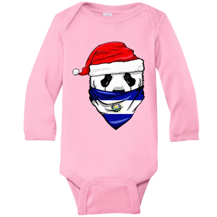 Panda in Santa's Hat and El Salvador Flag Bandana Christmas Baby Long Sleeve Bodysuit