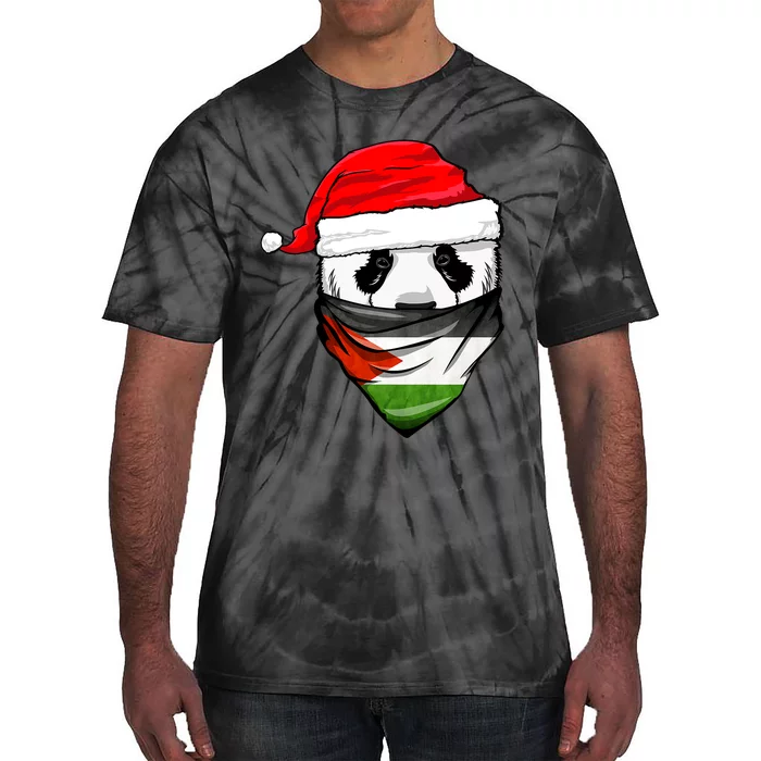 Panda In SantaS Hat And Palestine Flag Bandana Christmas Tie-Dye T-Shirt