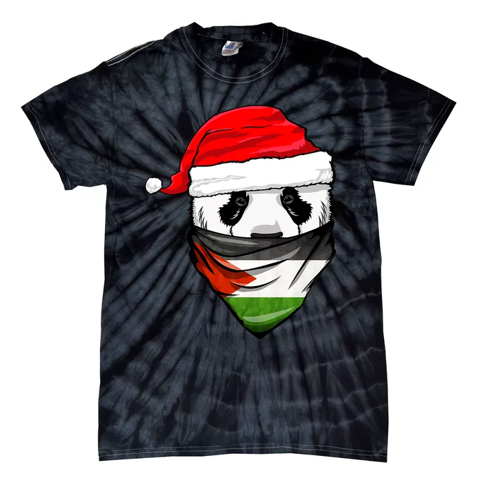 Panda In SantaS Hat And Palestine Flag Bandana Christmas Tie-Dye T-Shirt