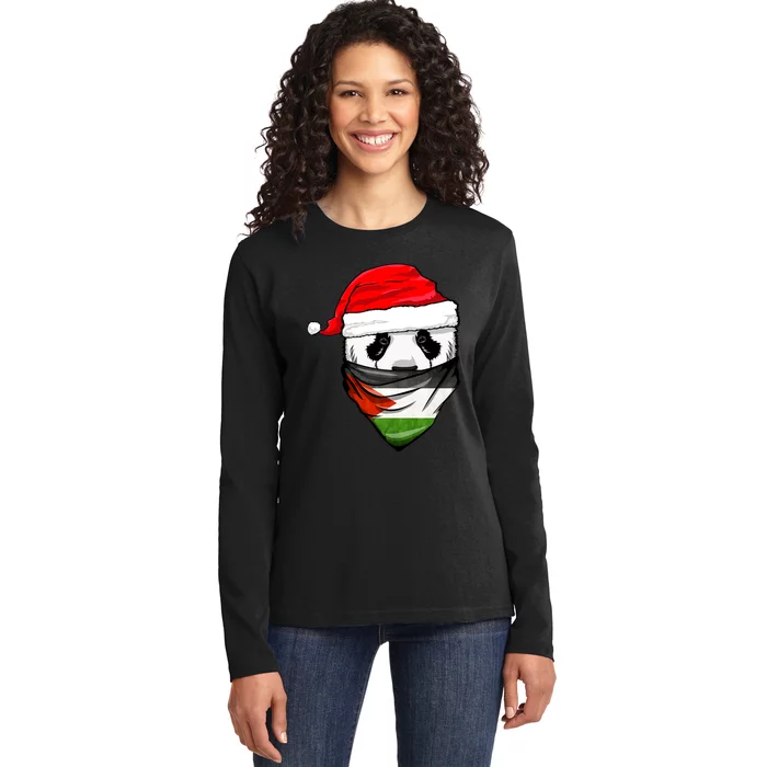 Panda In SantaS Hat And Palestine Flag Bandana Christmas Ladies Long Sleeve Shirt