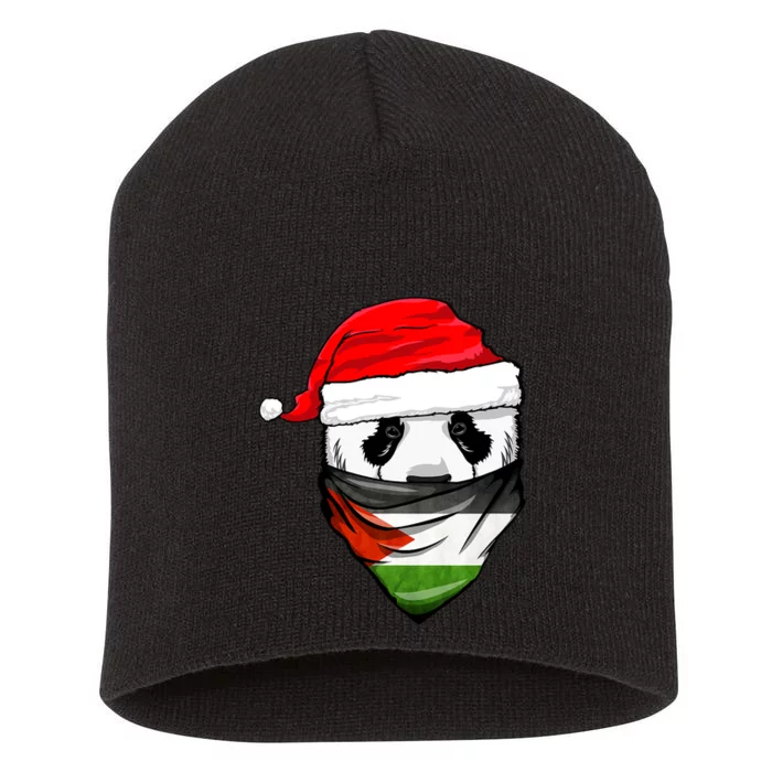 Panda In SantaS Hat And Palestine Flag Bandana Christmas Short Acrylic Beanie