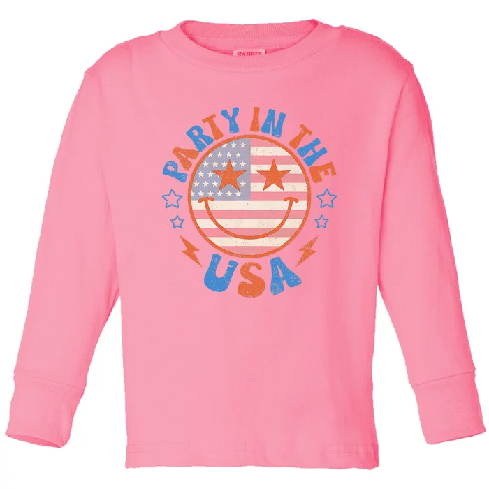 Party In The Usa Happy Face Smile American Flag 4th Of July Toddler Long Sleeve Shirt