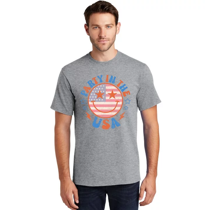 Party In The Usa Happy Face Smile American Flag 4th Of July Tall T-Shirt