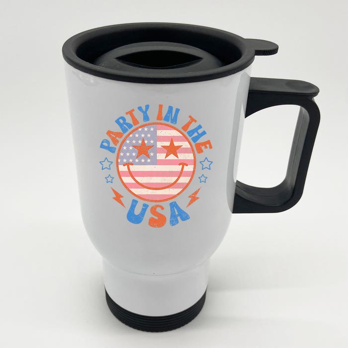 Party In The Usa Happy Face Smile American Flag 4th Of July Front & Back Stainless Steel Travel Mug