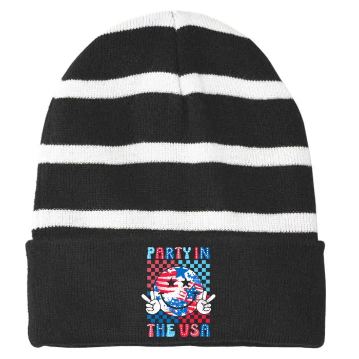 Party In The Usa 4th Of July Preppy Smile Striped Beanie with Solid Band