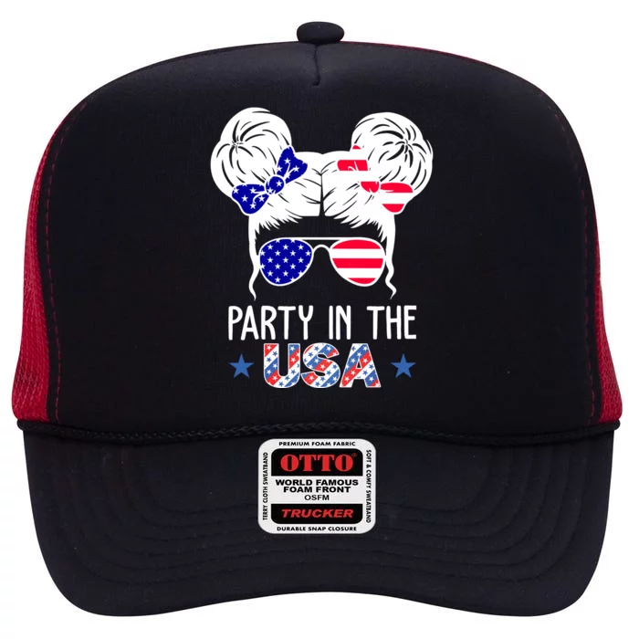 Party In The Usa Hair Bun 4th Of July High Crown Mesh Trucker Hat