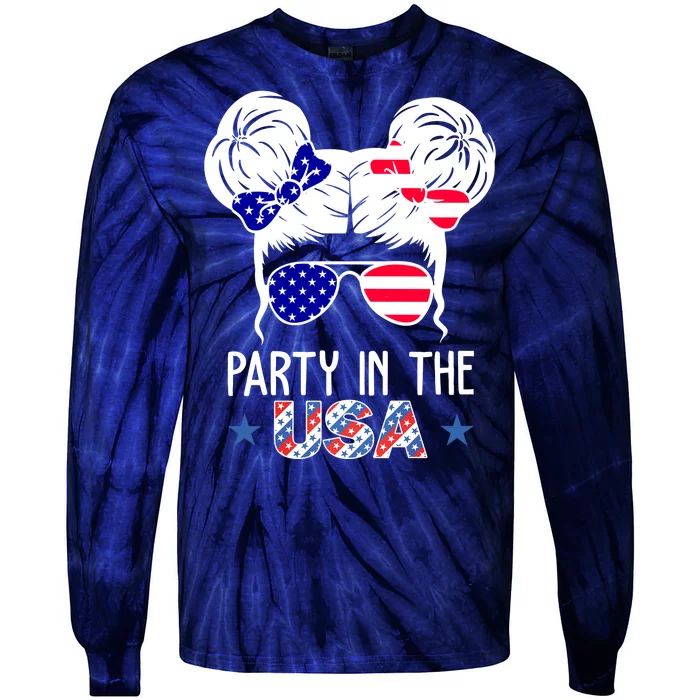 Party In The Usa Hair Bun 4th Of July Tie-Dye Long Sleeve Shirt