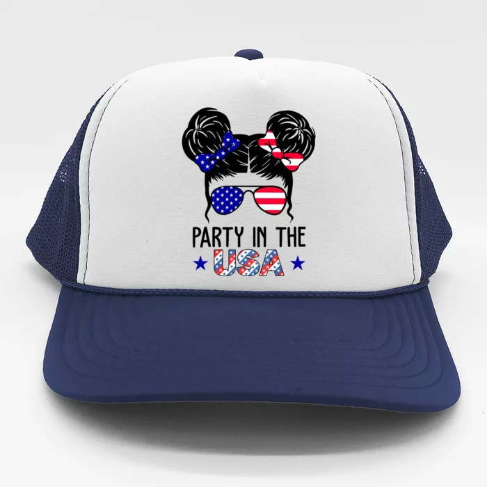 Party In The Usa Hair Bun 4th Of July Trucker Hat