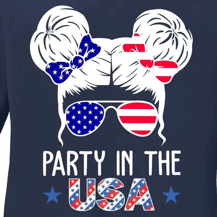 Party In The Usa Hair Bun 4th Of July Ladies Long Sleeve Shirt