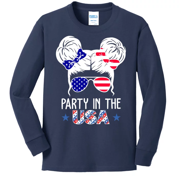 Party In The Usa Hair Bun 4th Of July Kids Long Sleeve Shirt