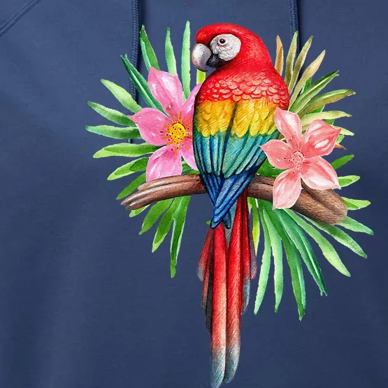 Parrot In Tropical Flowers Summer Beach Tiki Party Luau Performance Fleece Hoodie