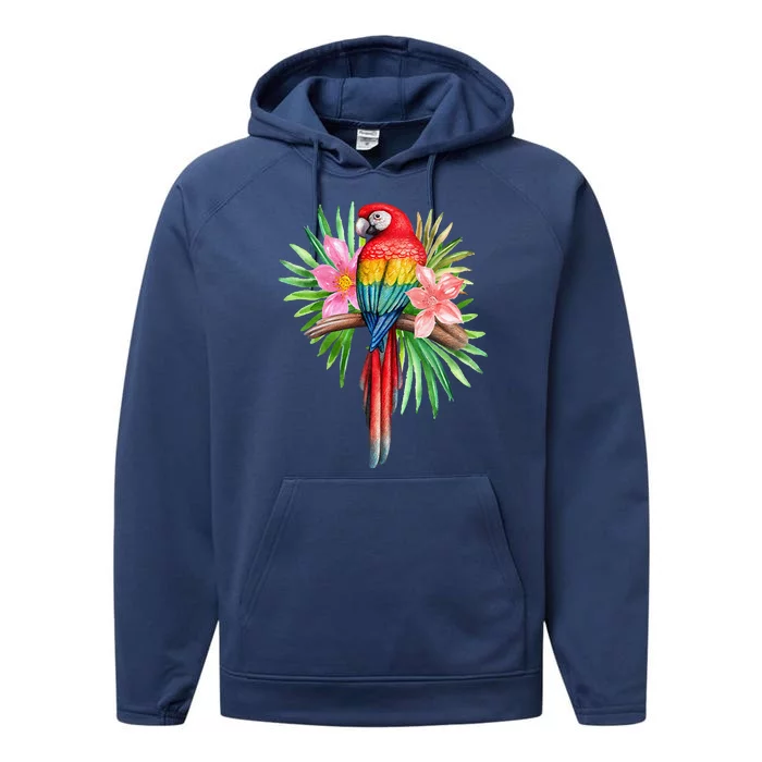 Parrot In Tropical Flowers Summer Beach Tiki Party Luau Performance Fleece Hoodie