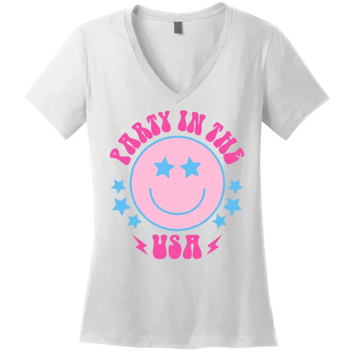 Party In The USA Retro Star Smile Women's V-Neck T-Shirt