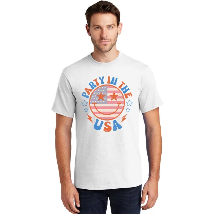 Party In The USA Happy Face Smile American Flag 4th Of July Tall T-Shirt